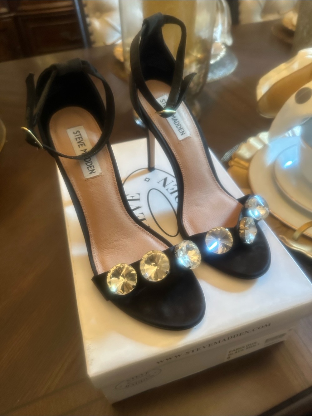 Slightly Worn Women’s 8 Steve Madden Black Crystal-Embellished Ankle-Strap Heels